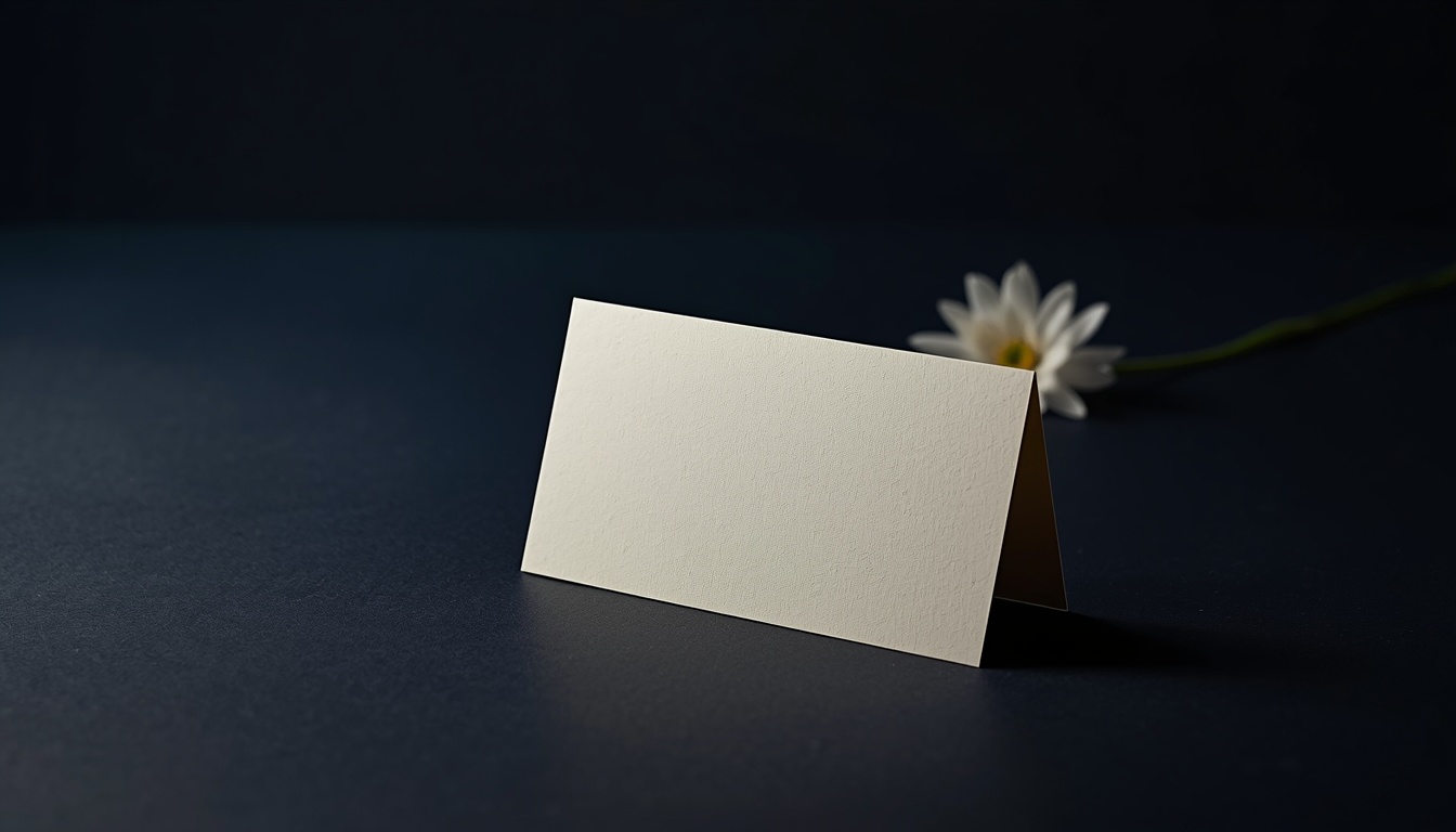 흰 꽃 옆에 펼쳐 놓은 무지 안내 카드